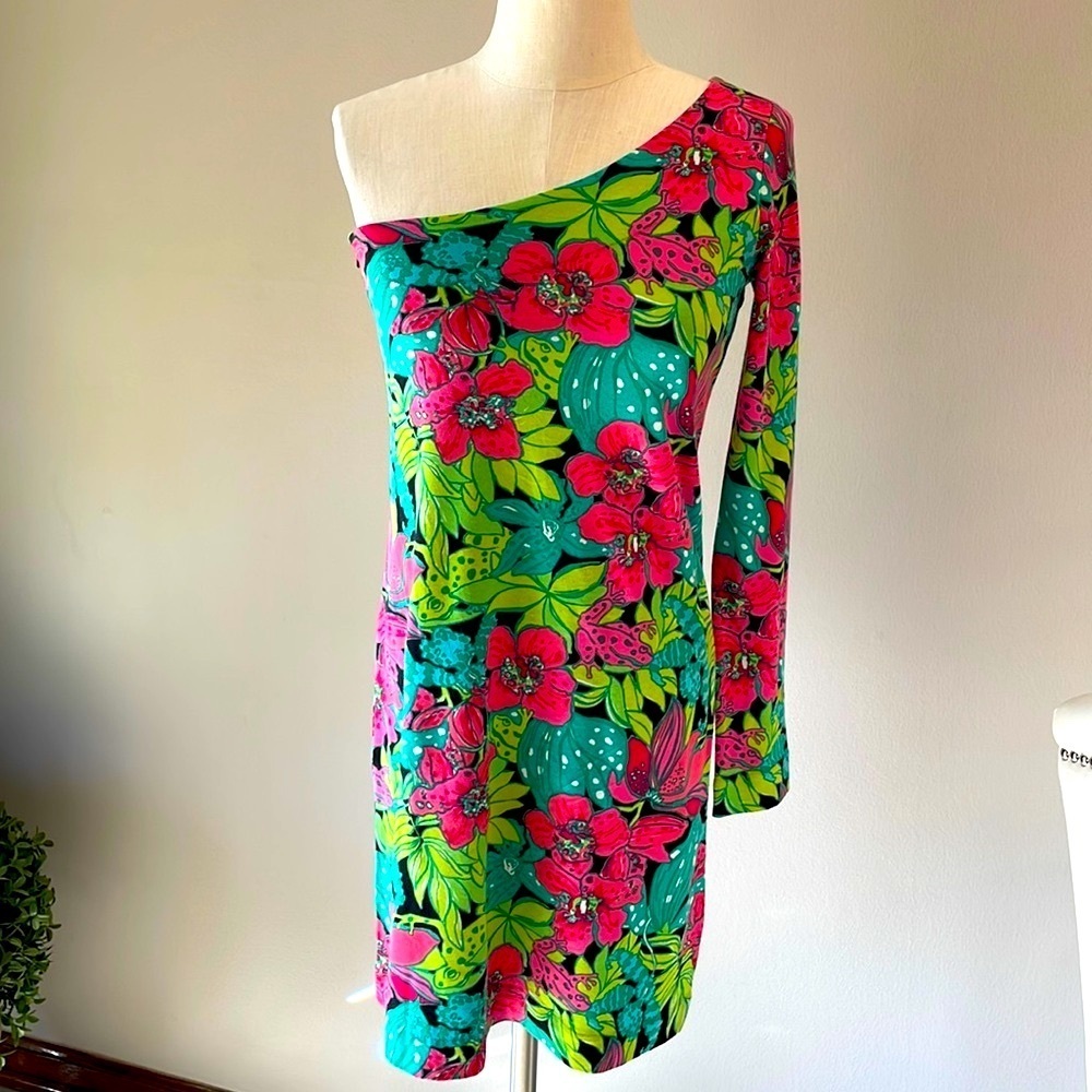 Lilly Pulitzer Whitaker Skip in It dress one shoulder long sleeve floral size Sm